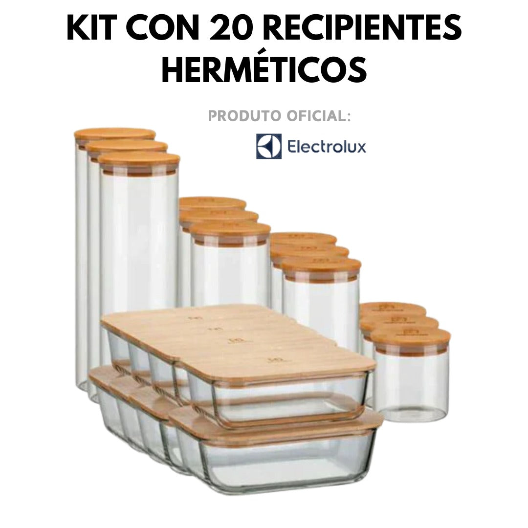 Set de 20 recipientes de vidrio redondo con tapa en acero Inox y cierre hermético Electrolux